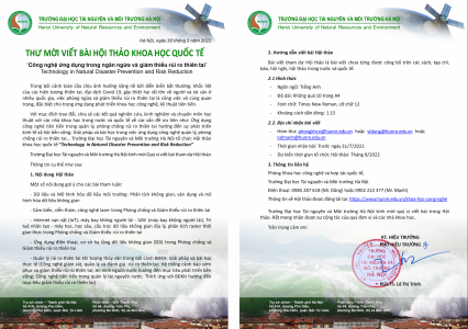 Thư mời viết bài Hội thảo khoa học quốc tế năm 2022 chủ đề "Công nghệ ứng dụng tỏng ngắn ngừa và giảm thiểu rủi ro thiên tai".