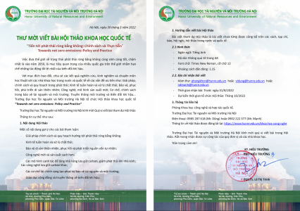 Thư mời viết bài Hội thảo khoa học Quốc tế năm 2022 "Tiến tới phát thải ròng bằng không:Chính sách và thực tiễn"