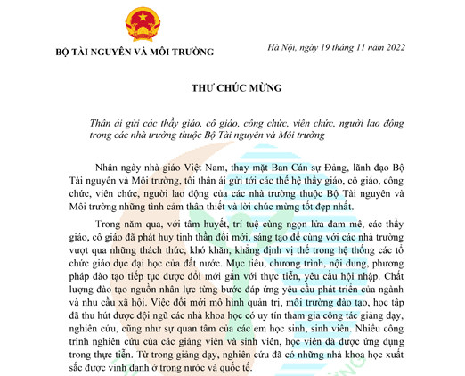 Thư chúc mừng Ngày Nhà giáo Việt Nam 20/11 của Bộ trưởng Trần Hồng Hà