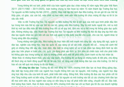 Thư ngỏ của Hiệu trưởng Trường ĐH TN&MT HN nhân kỷ niệm 15 năm thành lập Trường và 43 năm Ngày Nhà giáo Việt Nam 